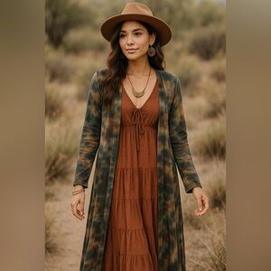 Peach Love California Tie-Dye Longline Open Front Duster Cardigan Boho Chic Lg